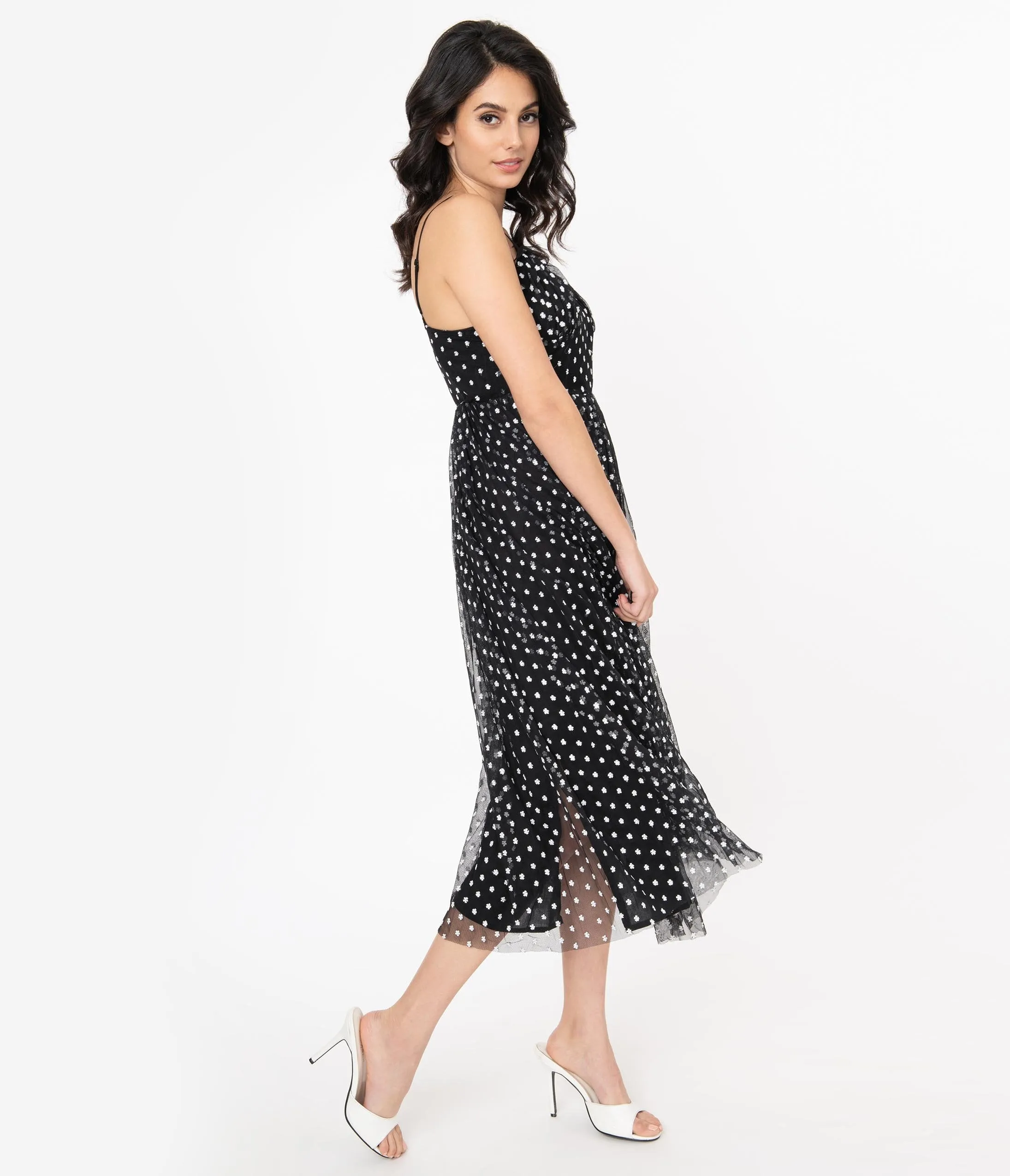1940s Black Tulle & White Embroidered Floral Midi Dress
