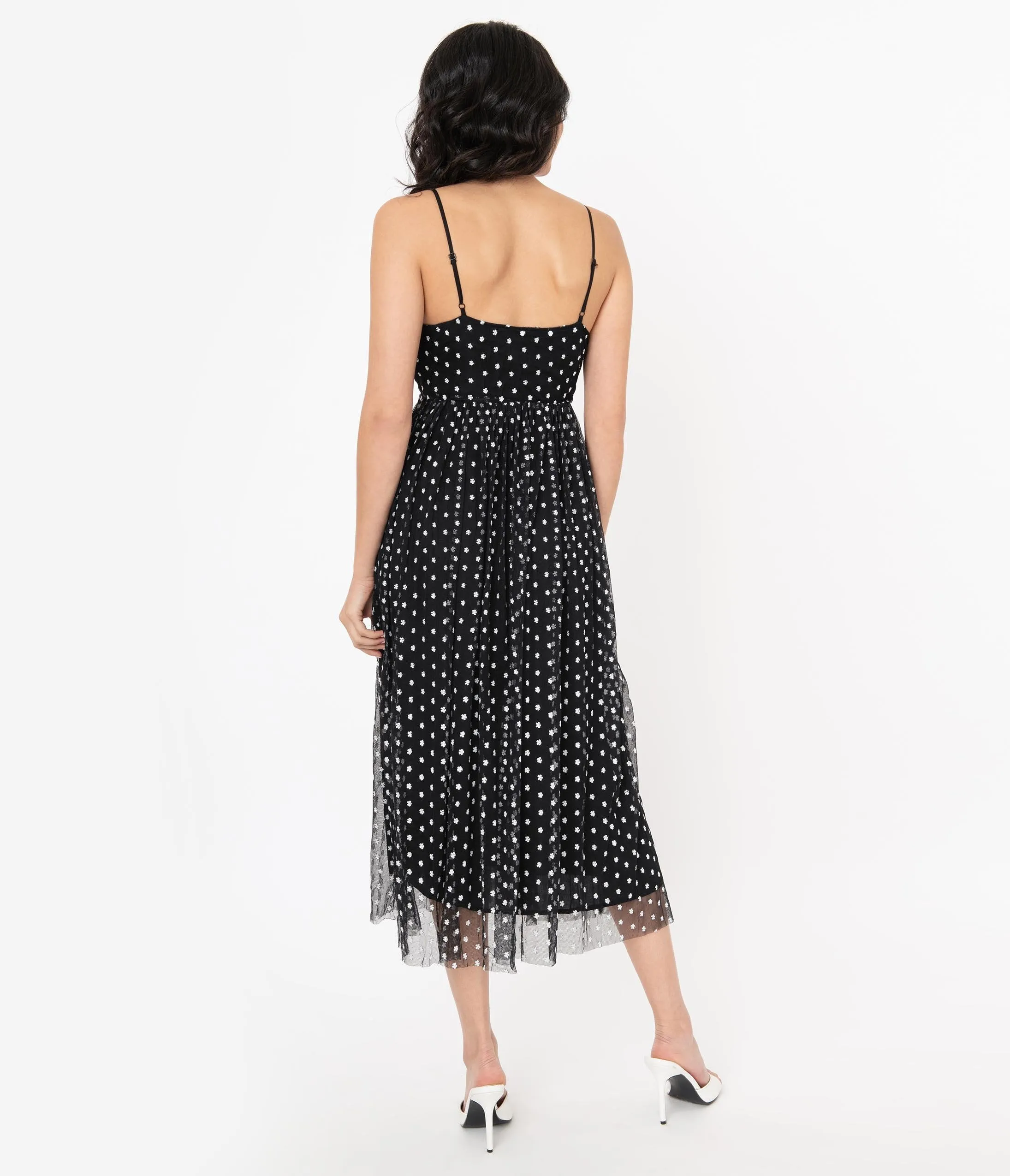 1940s Black Tulle & White Embroidered Floral Midi Dress