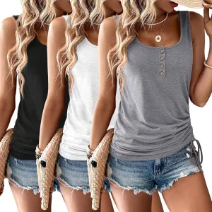 3 Pack Women Tank Tops U Neck Summer Casual Sleeveless Loose Button Casual Henley Shirts