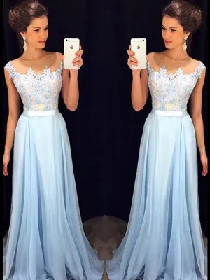 A-Line/Princess Sleeveless Sheer Neck Applique Chiffon Sweep/Brush Train Dresses