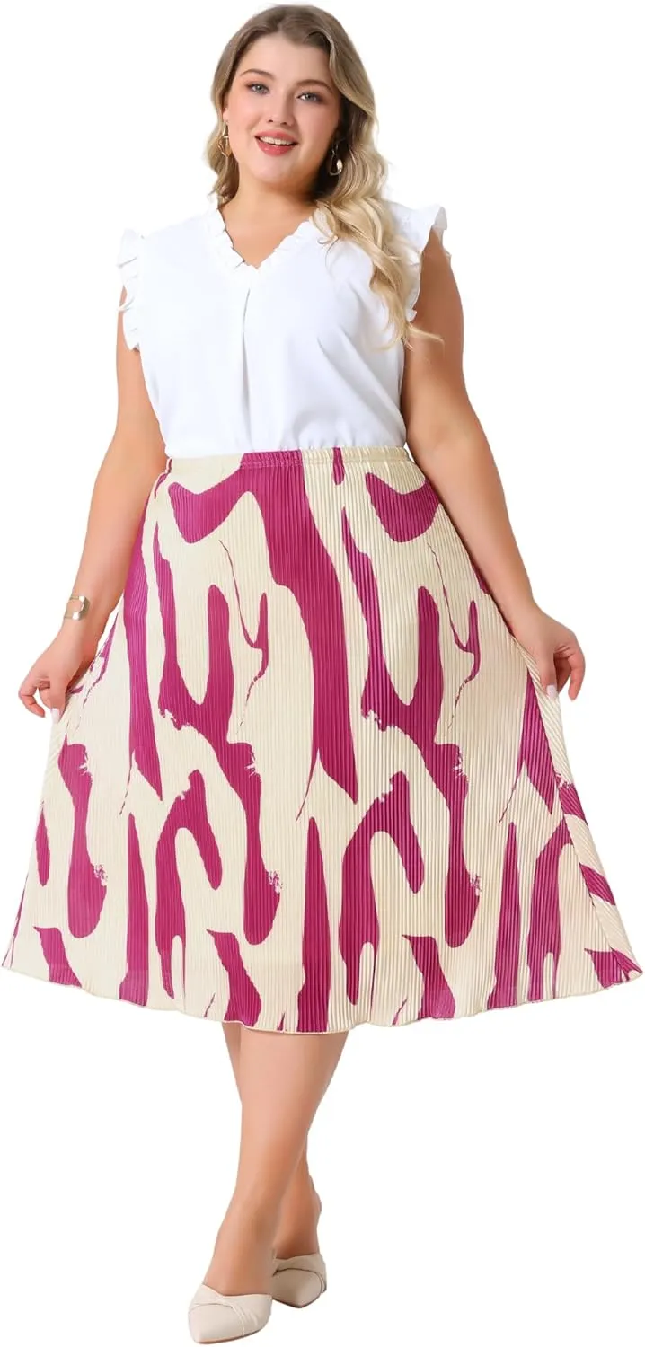 Agnes Orinda Plus Size Skirts for Women Trendy Summer Print Pleated High Waisted Business Casual A-Line Midi Skirt