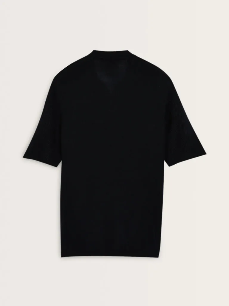 Ascot Navy Geometric Pattern Knitted Relaxed-Fit T-Shirt
