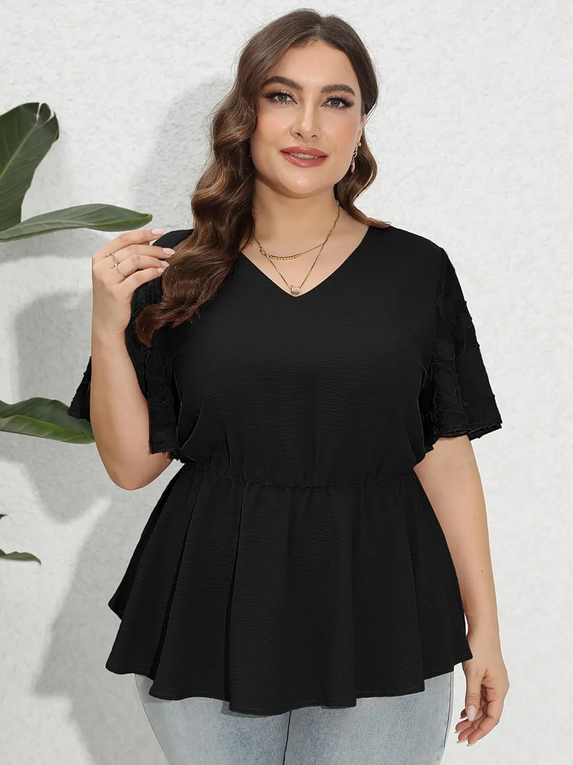 AusLook Plus Size Tunic for Women Double Ruffle Short Sleeve Clothes Loose Fit Clothing Flowy Shirts Summer Tops