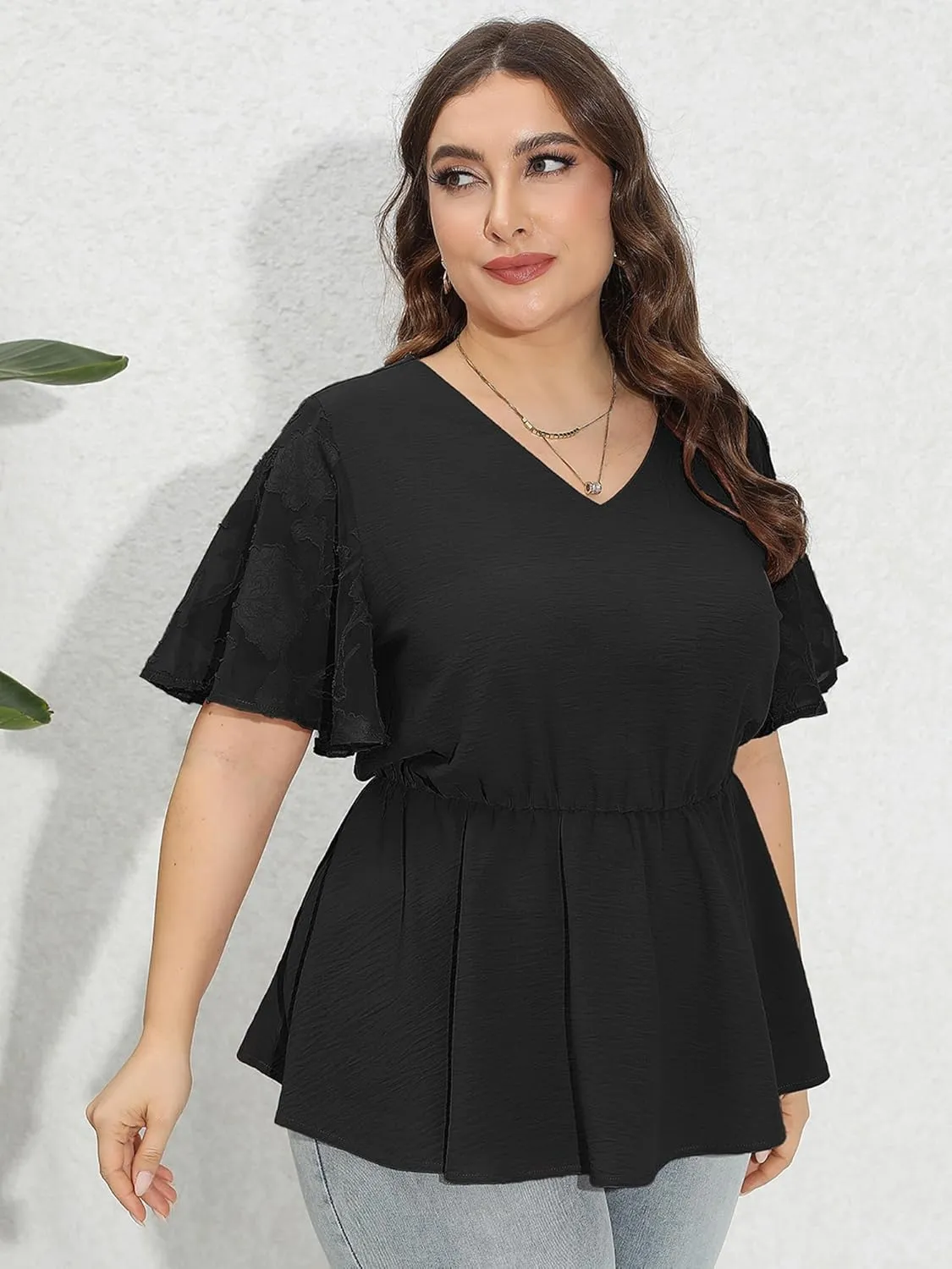 AusLook Plus Size Tunic for Women Double Ruffle Short Sleeve Clothes Loose Fit Clothing Flowy Shirts Summer Tops