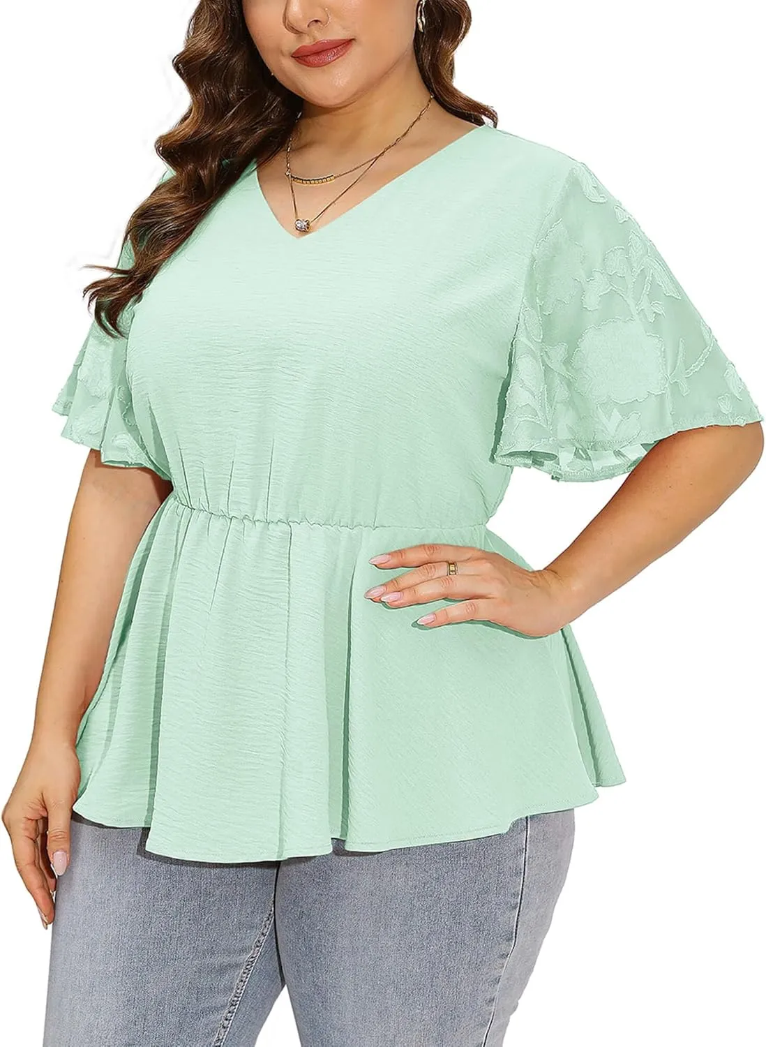 AusLook Plus Size Tunic for Women Double Ruffle Short Sleeve Clothes Loose Fit Clothing Flowy Shirts Summer Tops