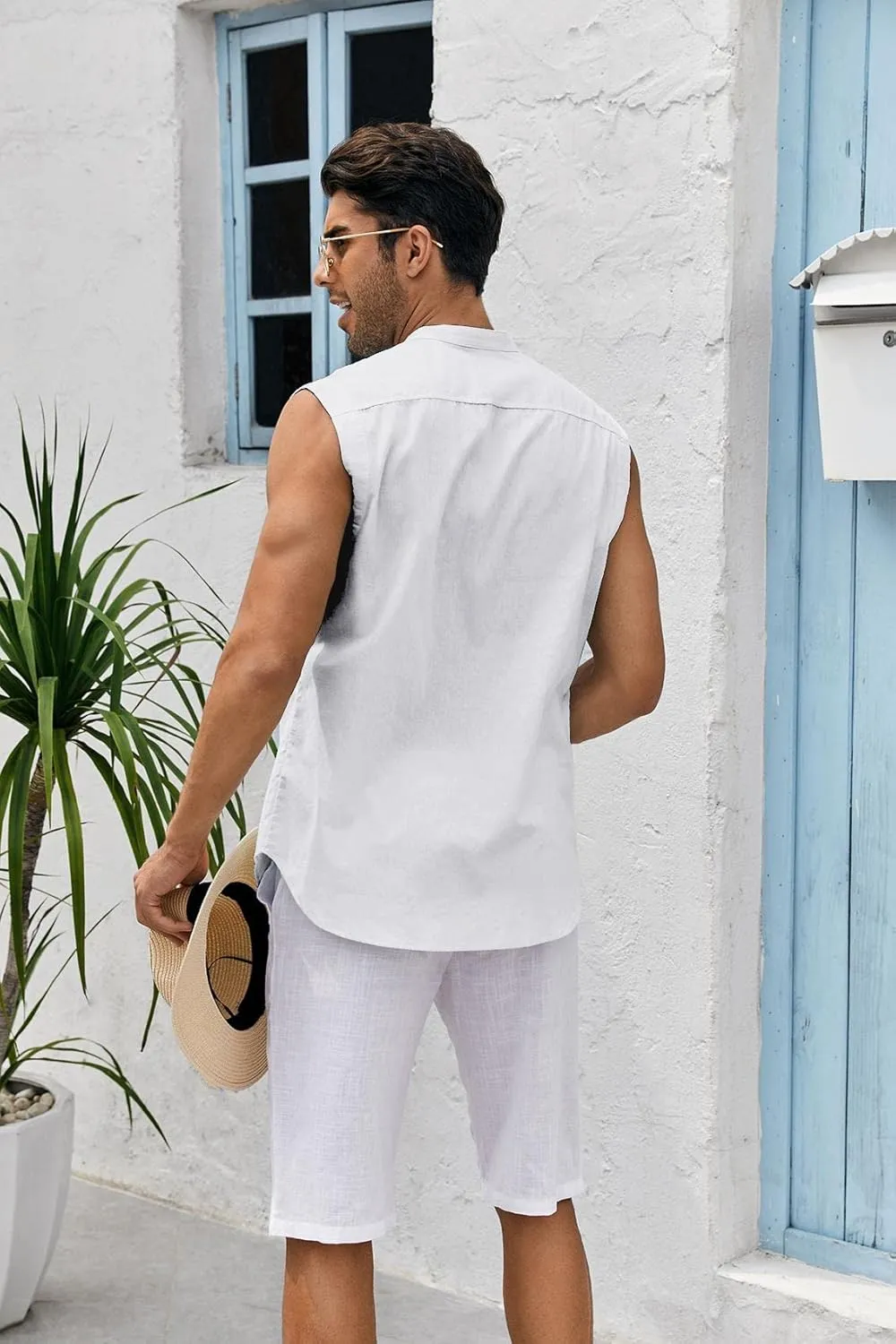 Bbalizko Mens Sleeveless Button Down Shirts Linen Cotton Summer Beach Basic Tank T-Shirt Tops