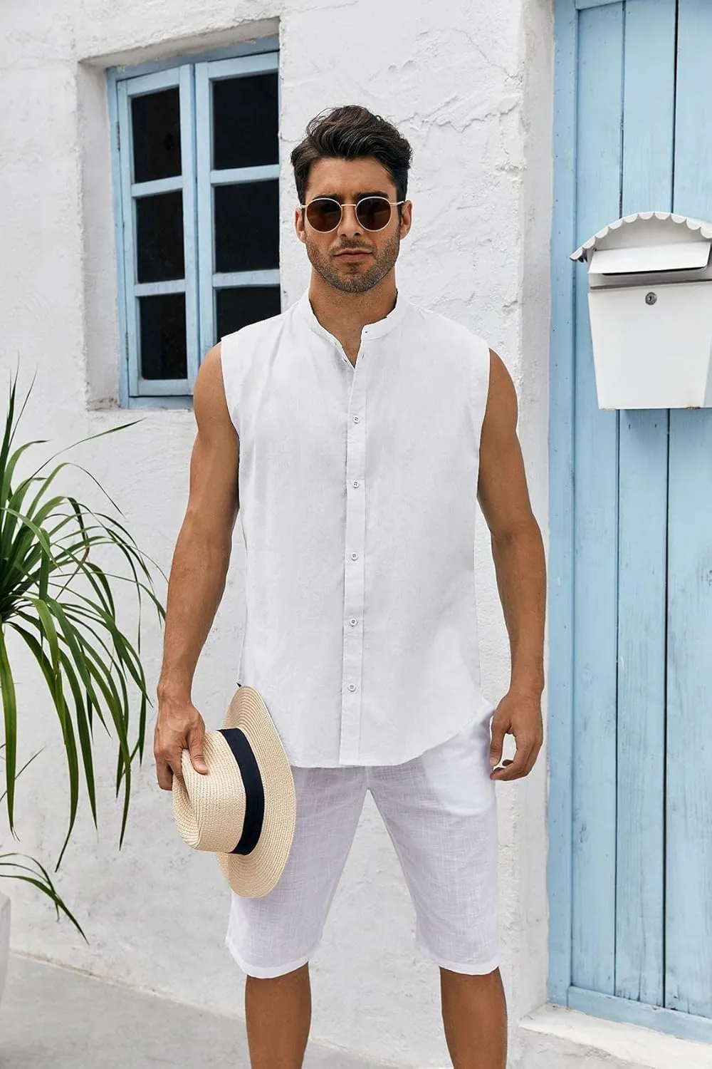 Bbalizko Mens Sleeveless Button Down Shirts Linen Cotton Summer Beach Basic Tank T-Shirt Tops