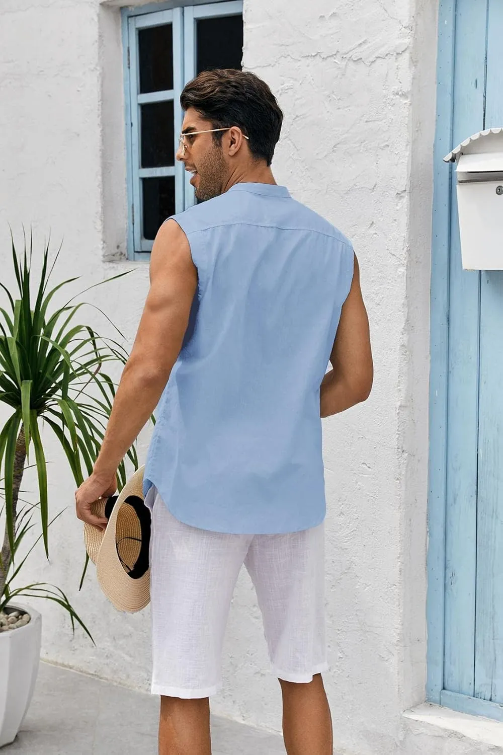 Bbalizko Mens Sleeveless Button Down Shirts Linen Cotton Summer Beach Basic Tank T-Shirt Tops