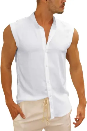Bbalizko Mens Sleeveless Button Down Shirts Linen Cotton Summer Beach Basic Tank T-Shirt Tops