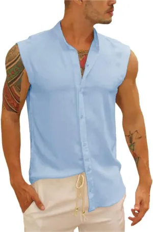Bbalizko Mens Sleeveless Button Down Shirts Linen Cotton Summer Beach Basic Tank T-Shirt Tops