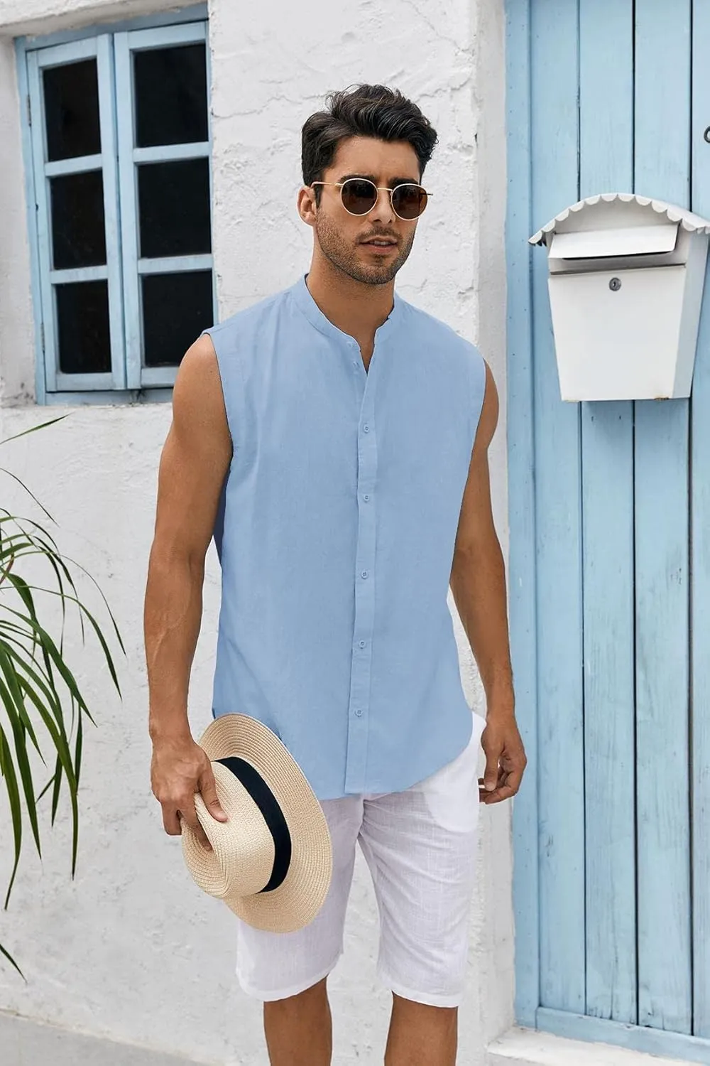 Bbalizko Mens Sleeveless Button Down Shirts Linen Cotton Summer Beach Basic Tank T-Shirt Tops
