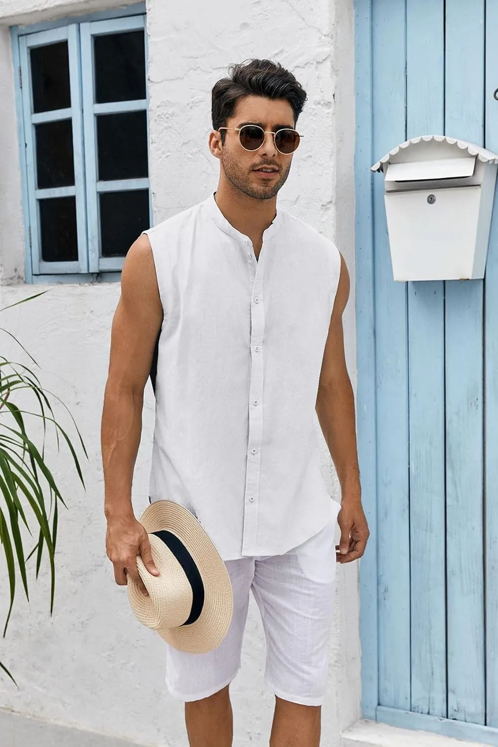 Bbalizko Mens Sleeveless Button Down Shirts Linen Cotton Summer Beach Basic Tank T-Shirt Tops