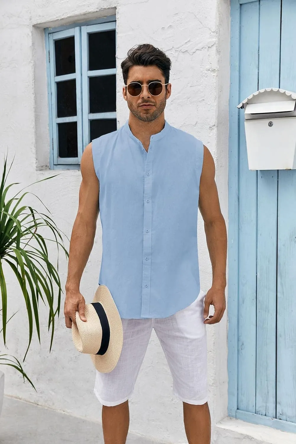 Bbalizko Mens Sleeveless Button Down Shirts Linen Cotton Summer Beach Basic Tank T-Shirt Tops