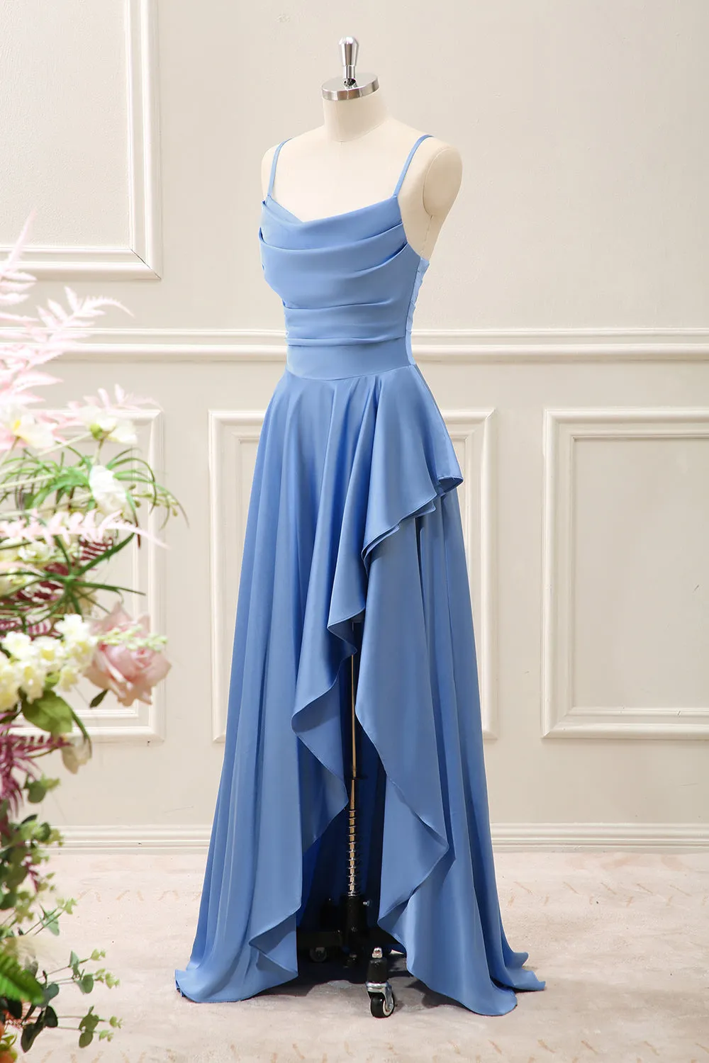 Blue A Line Ruffled Cowl Neck Asymmetrical Dress