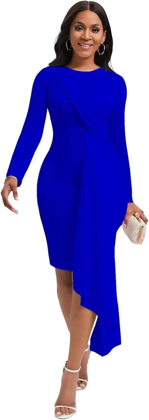 Bodycon Dresses for Women Long Sleeve Midi Sexy Round Neck Basic Party Casual Fitted Pencil Dress