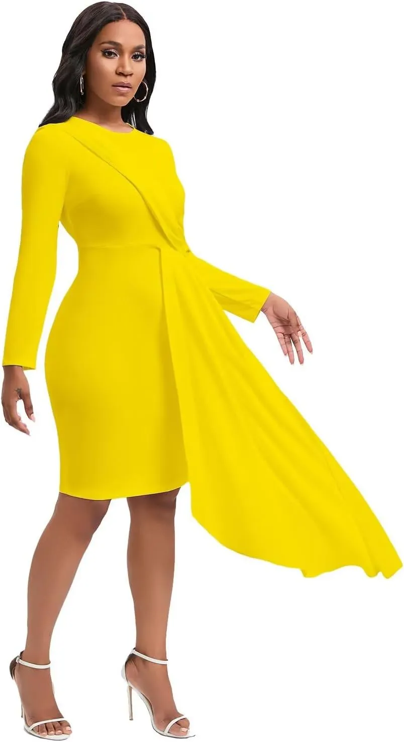 Bodycon Dresses for Women Long Sleeve Midi Sexy Round Neck Basic Party Casual Fitted Pencil Dress
