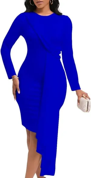 Bodycon Dresses for Women Long Sleeve Midi Sexy Round Neck Basic Party Casual Fitted Pencil Dress