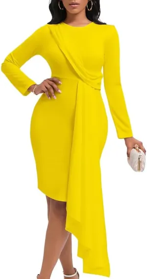Bodycon Dresses for Women Long Sleeve Midi Sexy Round Neck Basic Party Casual Fitted Pencil Dress