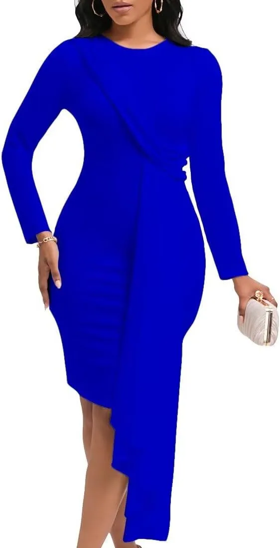 Bodycon Dresses for Women Long Sleeve Midi Sexy Round Neck Basic Party Casual Fitted Pencil Dress