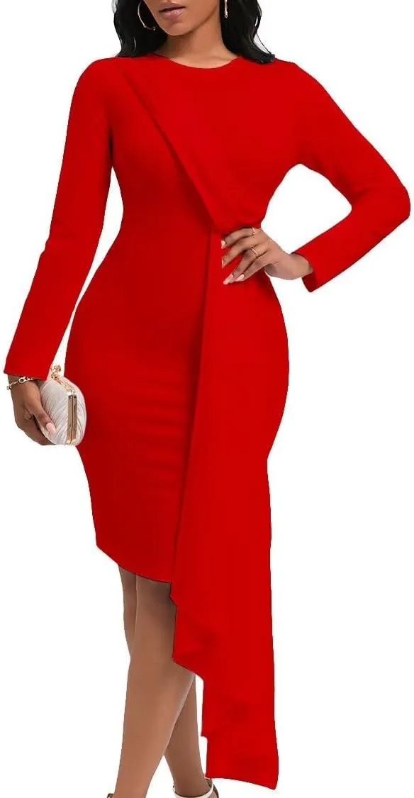 Bodycon Dresses for Women Long Sleeve Midi Sexy Round Neck Basic Party Casual Fitted Pencil Dress