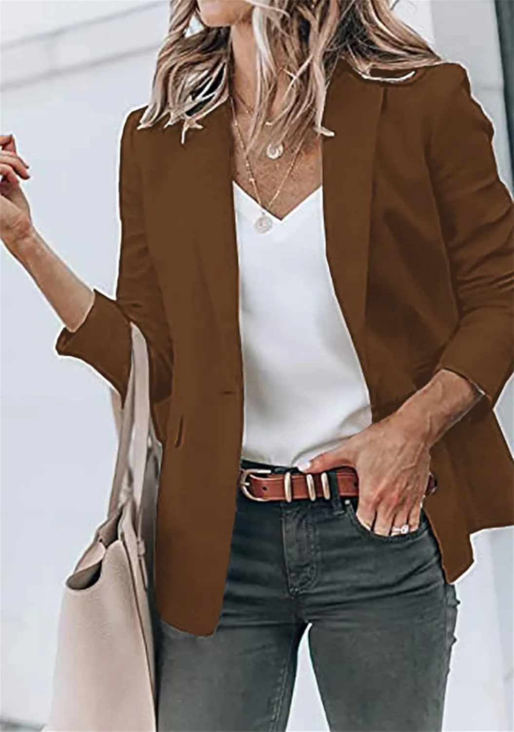 BOFETA Women's Long Sleeve Blazer One Button Solid Color Pocket Jacket Blazer Notched Collar Coat