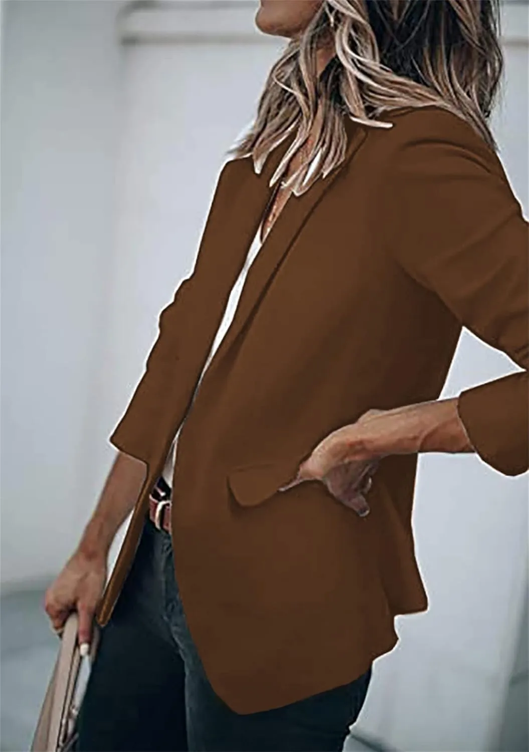 BOFETA Women's Long Sleeve Blazer One Button Solid Color Pocket Jacket Blazer Notched Collar Coat