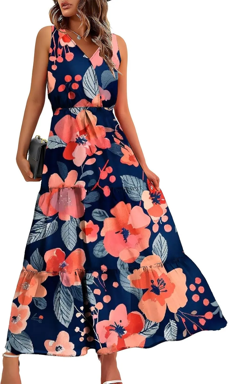 Boho Dresses for Women 2025 Casual Loose V Neck Sleeveless Floral Maxi Dress Dressy Party Summer Long Sundresses