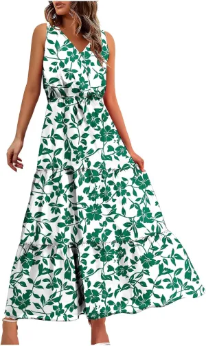 Boho Dresses for Women 2025 Casual Loose V Neck Sleeveless Floral Maxi Dress Dressy Party Summer Long Sundresses