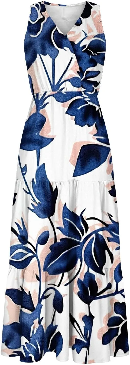 Boho Dresses for Women 2025 Casual Loose V Neck Sleeveless Floral Maxi Dress Dressy Party Summer Long Sundresses