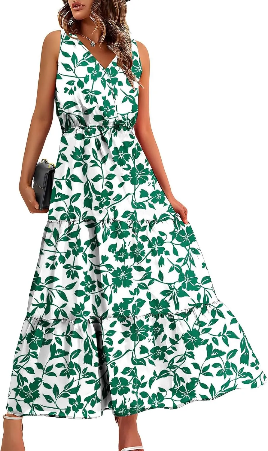 Boho Dresses for Women 2025 Casual Loose V Neck Sleeveless Floral Maxi Dress Dressy Party Summer Long Sundresses