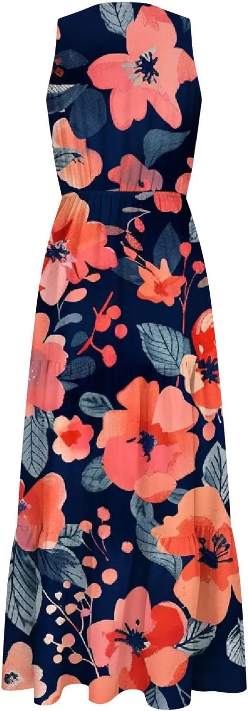Boho Dresses for Women 2025 Casual Loose V Neck Sleeveless Floral Maxi Dress Dressy Party Summer Long Sundresses