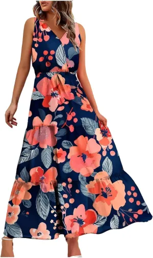 Boho Dresses for Women 2025 Casual Loose V Neck Sleeveless Floral Maxi Dress Dressy Party Summer Long Sundresses