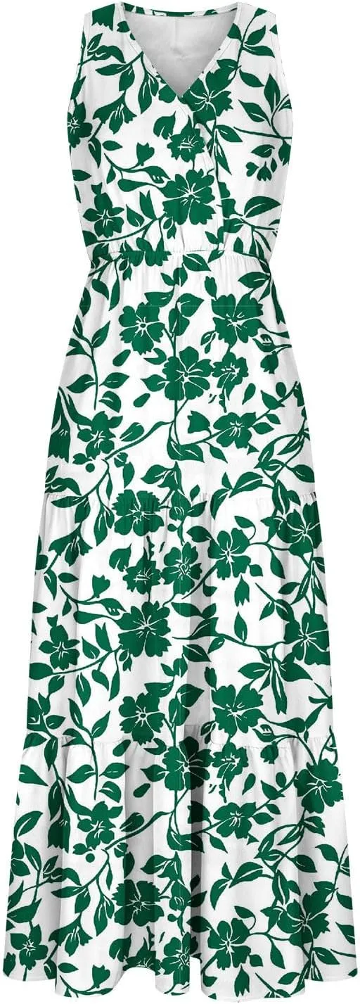 Boho Dresses for Women 2025 Casual Loose V Neck Sleeveless Floral Maxi Dress Dressy Party Summer Long Sundresses