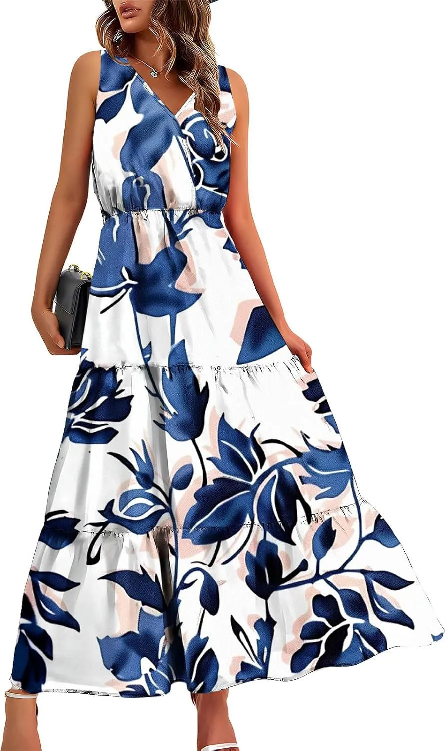 Boho Dresses for Women 2025 Casual Loose V Neck Sleeveless Floral Maxi Dress Dressy Party Summer Long Sundresses