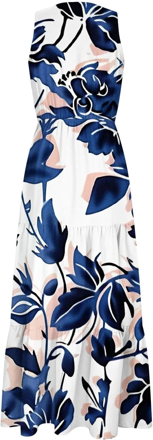 Boho Dresses for Women 2025 Casual Loose V Neck Sleeveless Floral Maxi Dress Dressy Party Summer Long Sundresses