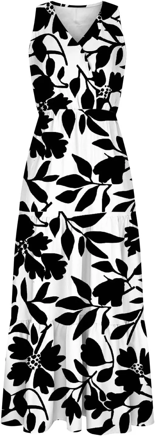 Boho Dresses for Women 2025 Casual Loose V Neck Sleeveless Floral Maxi Dress Dressy Party Summer Long Sundresses