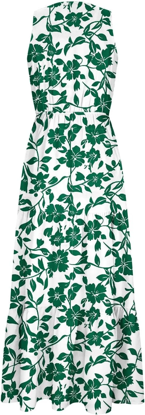 Boho Dresses for Women 2025 Casual Loose V Neck Sleeveless Floral Maxi Dress Dressy Party Summer Long Sundresses