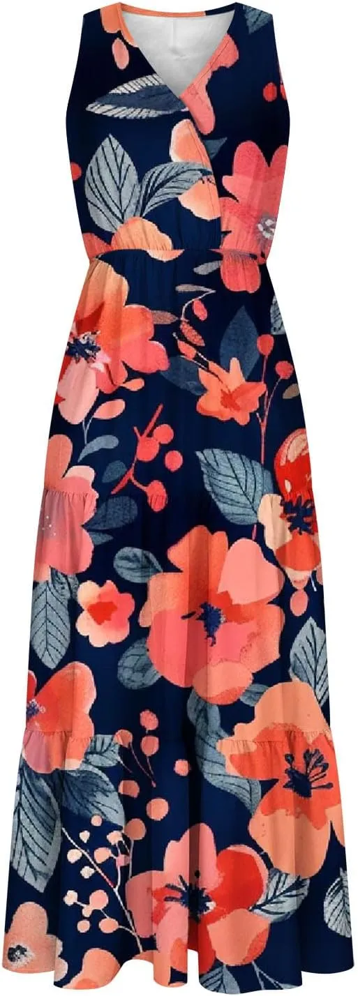 Boho Dresses for Women 2025 Casual Loose V Neck Sleeveless Floral Maxi Dress Dressy Party Summer Long Sundresses