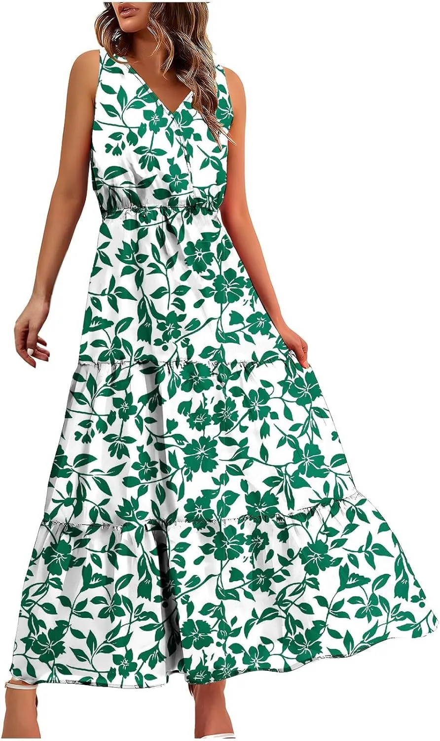 Boho Dresses for Women 2025 Casual Loose V Neck Sleeveless Floral Maxi Dress Dressy Party Summer Long Sundresses