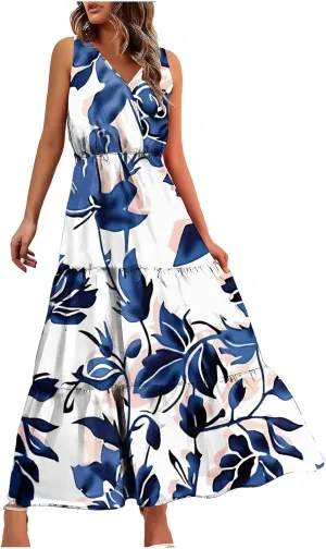 Boho Dresses for Women 2025 Casual Loose V Neck Sleeveless Floral Maxi Dress Dressy Party Summer Long Sundresses