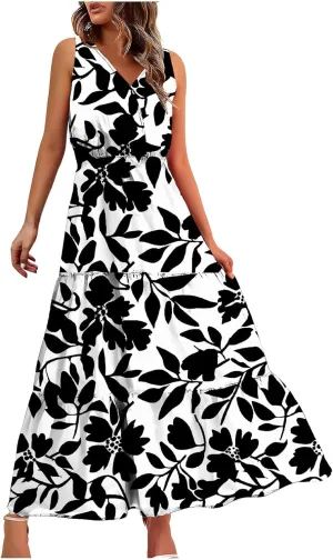 Boho Dresses for Women 2025 Casual Loose V Neck Sleeveless Floral Maxi Dress Dressy Party Summer Long Sundresses