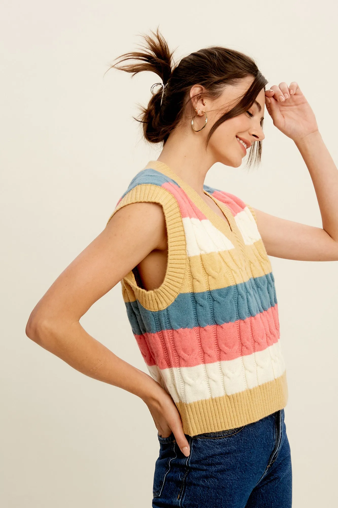 Cable Knitted Colorful Stripes Sweater Vest