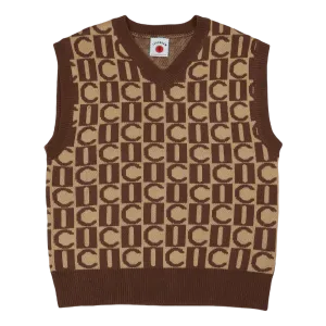 Checker V-neck Knitted Vest Brown