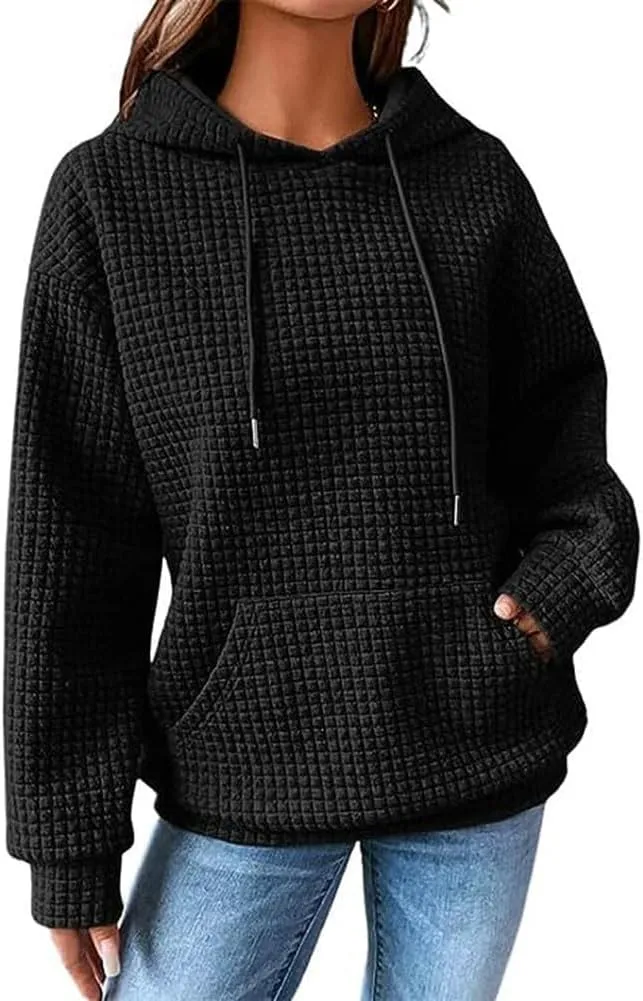 Chvity Women's Pullover Sweatshirt Drawstring Tis The Season Pumpkin Printed Waffle Hoodie Long Sleeve Tops with Pocket