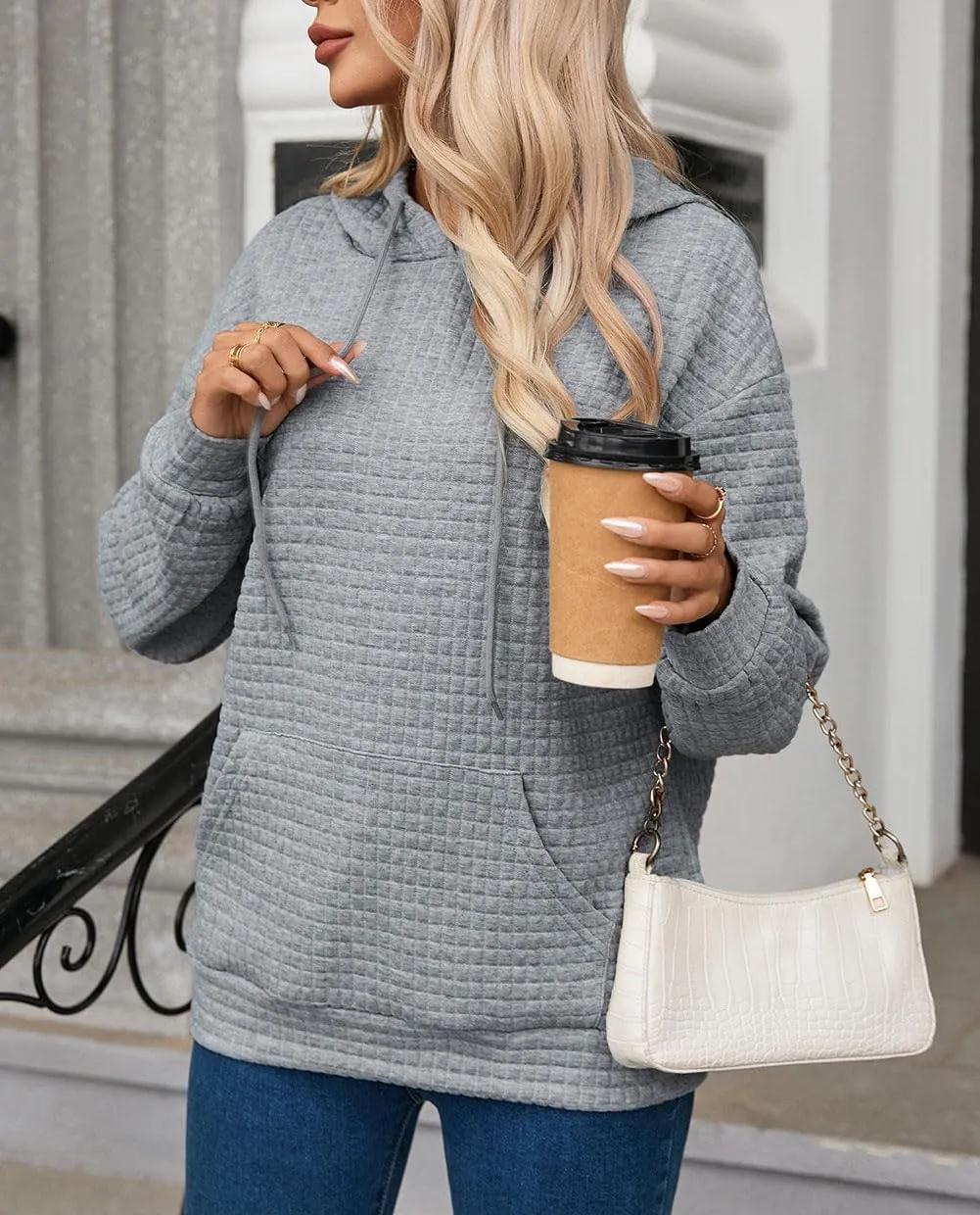 Chvity Women's Pullover Sweatshirt Drawstring Tis The Season Pumpkin Printed Waffle Hoodie Long Sleeve Tops with Pocket