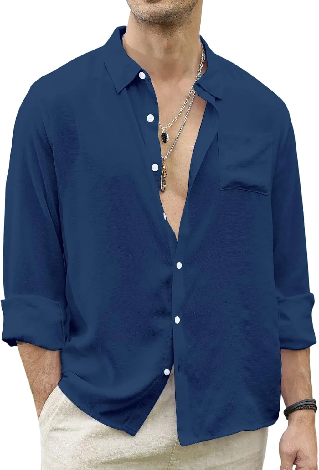 CTU Men's Fashion Summer Casual Button Down Shirt Long Sleeve Solid Color Holiday Beach Shirts