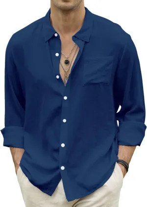 CTU Men's Fashion Summer Casual Button Down Shirt Long Sleeve Solid Color Holiday Beach Shirts