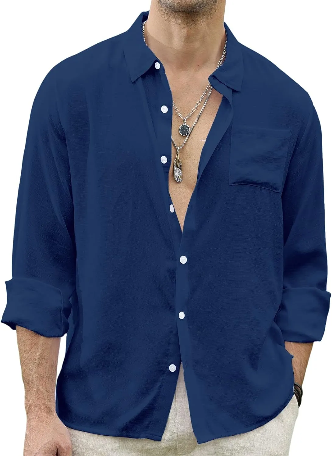 CTU Men's Fashion Summer Casual Button Down Shirt Long Sleeve Solid Color Holiday Beach Shirts