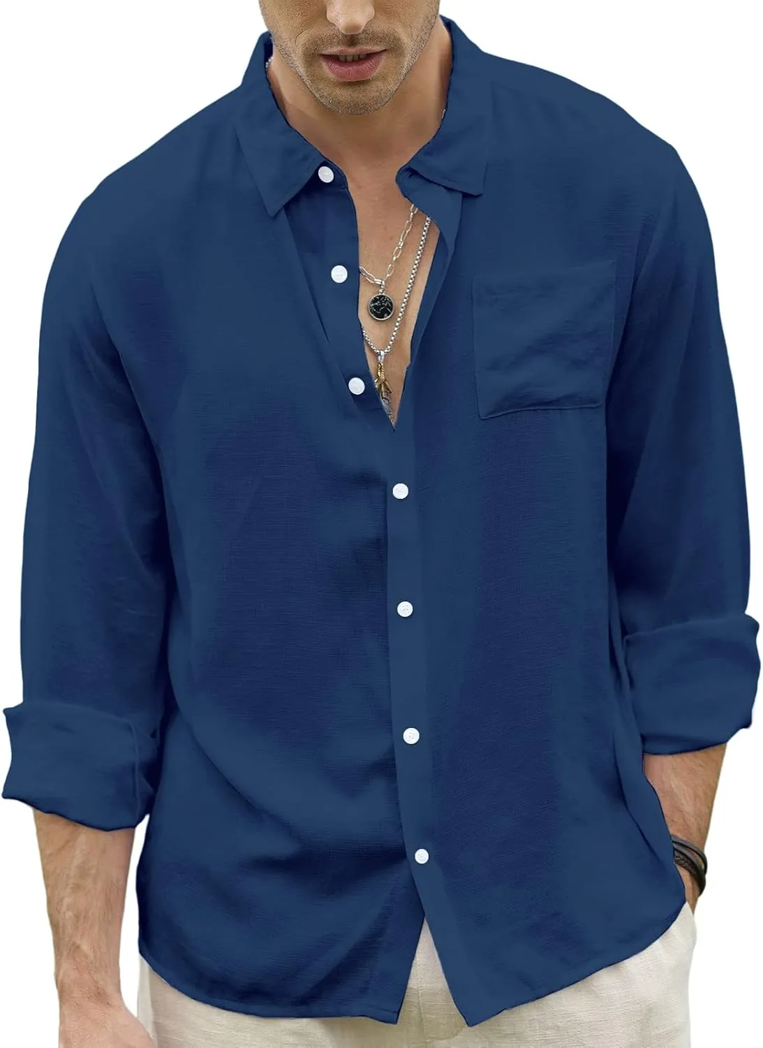 CTU Men's Fashion Summer Casual Button Down Shirt Long Sleeve Solid Color Holiday Beach Shirts