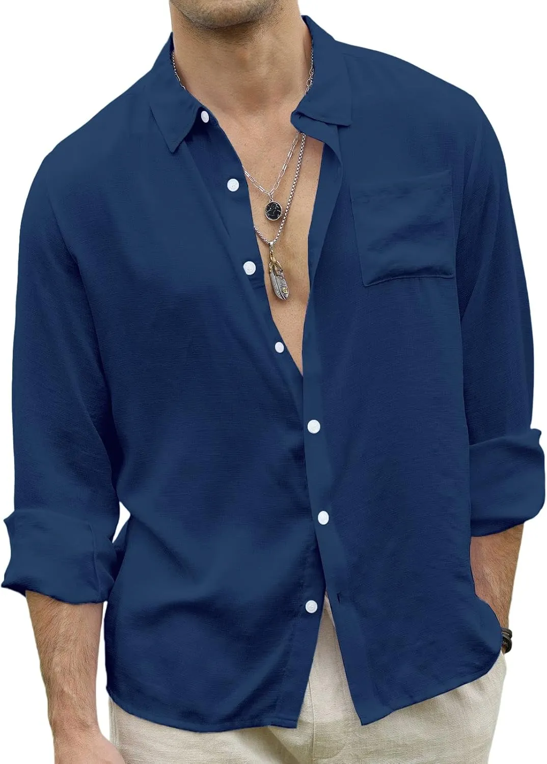 CTU Men's Fashion Summer Casual Button Down Shirt Long Sleeve Solid Color Holiday Beach Shirts